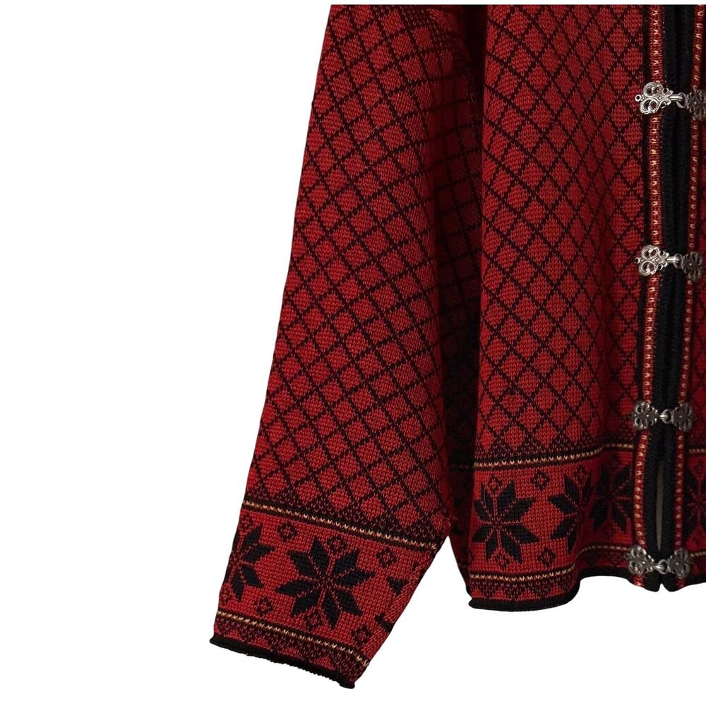 VTG Volund Norway Pure New Lambswool Nordic Cardigan Sweater Red Black XL - Picture 7 of 8